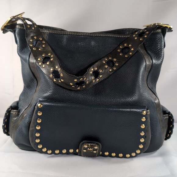 MK Michael Kors Leather Purse Studs Y2K Blue Gray Shoulder Bag Grained Satchel - Picture 1 of 16
